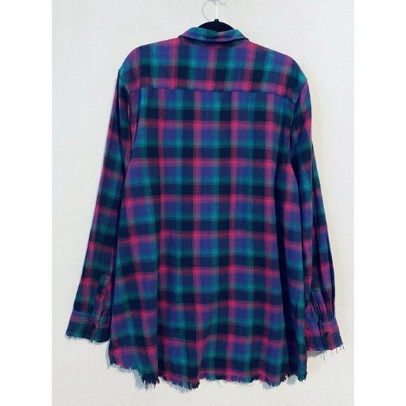 One 24 Rags Top Womens XXL Bright Plaid Flannel Fringe Hem Button Up Long Grunge - Picture 4 of 8